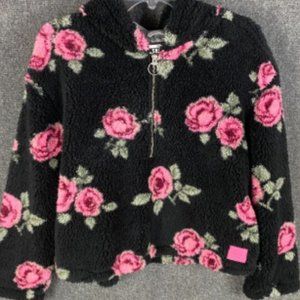 Justice Cropped Quarter Zip Sherpa with Pink Roses (Size: 16/18)